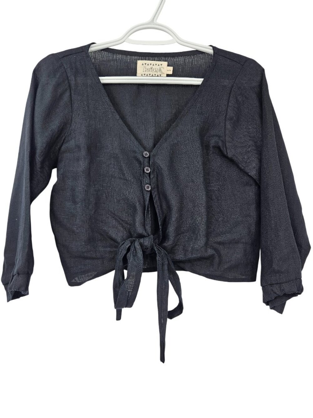 Zhen Nymph Tie Front Linen Crop Top Black Women's Size S V-Neck Summer Vacation